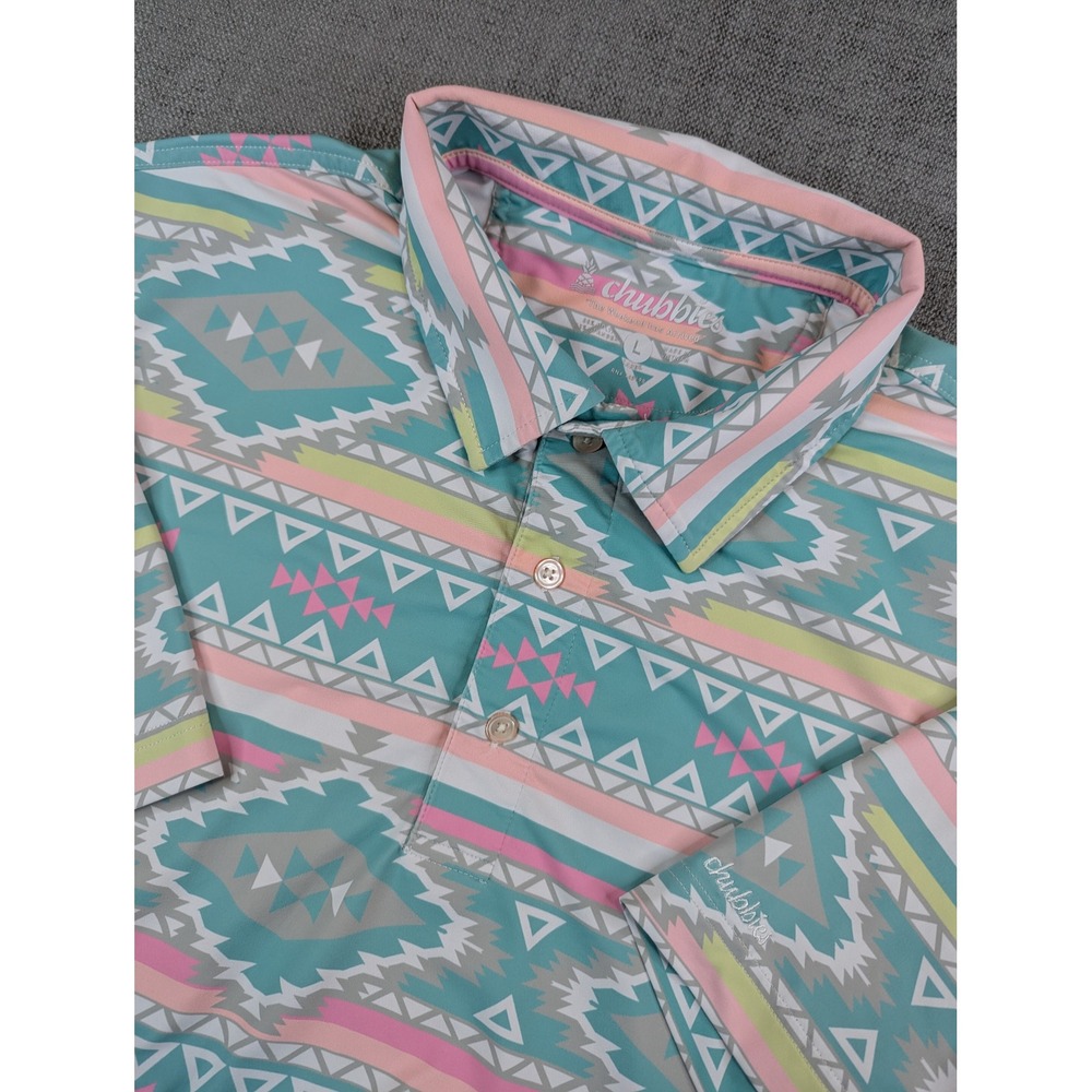 Chubbies Polo Shirt Men L Teal Geometric Southwestern Performance Golf Aztec